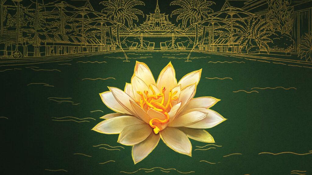 A luminous lotus flower floats on a dark water surface, with an intricate gold-themed background.