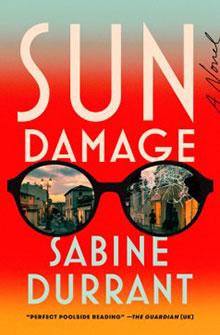 Book cover of "Sun Damage" by Sabine Durrant with sunglasses reflecting a street scene.