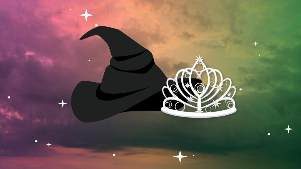 A witch hat and tiara floating against a vibrant sky with stars.