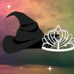 A witch hat and tiara floating against a vibrant sky with stars.