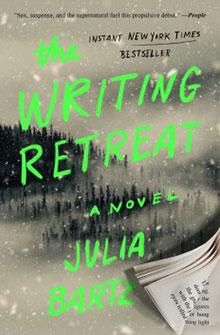 Cover of "The Writing Retreat" by Julia Bartz, featuring a snowy forest and an open book.