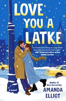 Illustration of a couple kissing on a snowy city street, with taxis in the background. The book title is "Love You a Latke.