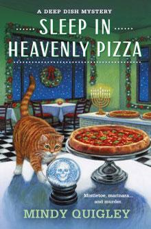 Book cover showing a cat reaching for a snow globe on a table with pizzas, set in a festive, decorated restaurant.