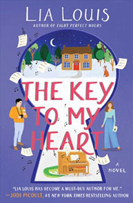 The Key to My Heart" book cover by Lia Louis, featuring a keyhole, house, music notes, and characters.
