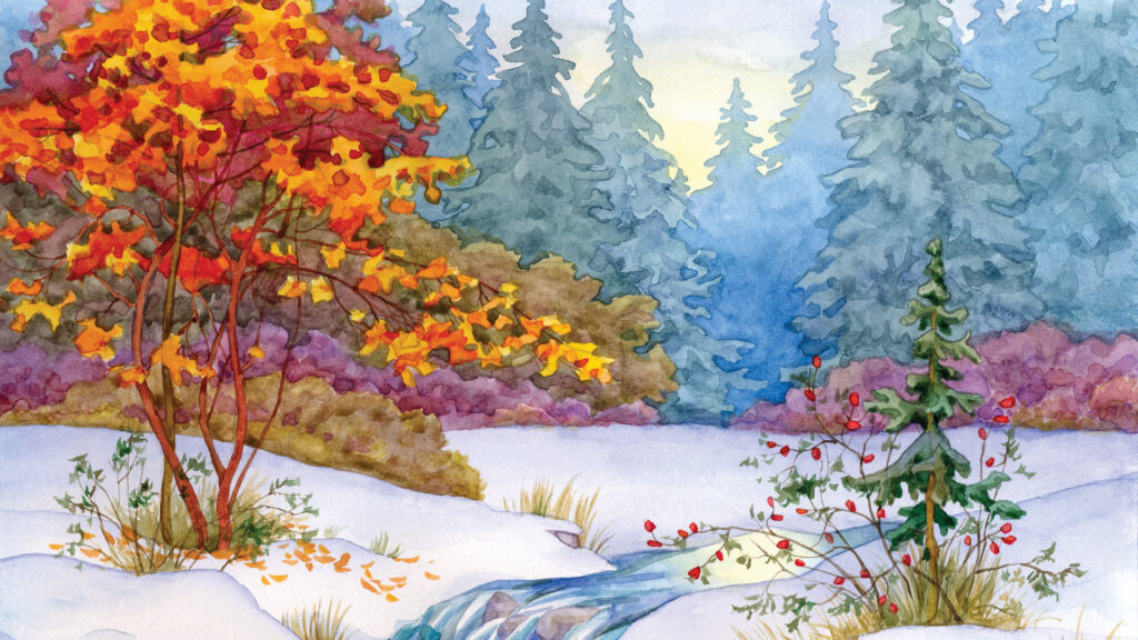 Watercolor scene of snowy forest, autumn trees with red leaves, evergreens, and a small stream in foreground.