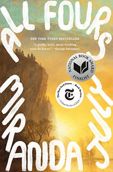 Book cover for "All Fours" by Miranda July, with handwritten white text over a cliffside landscape background.