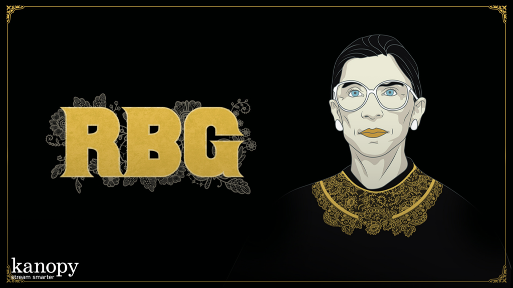 Illustration of a woman in glasses and a gold collar next to large gold letters "RBG" on a black background.