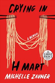 Book cover of "Crying in H Mart" by Michelle Zauner, featuring noodles shaped into the letter "H" on a red background.