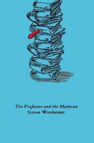 Blue book cover of "The Professor and the Madman" by Simon Winchester, featuring a tall stack of blue books with a red bookmark.