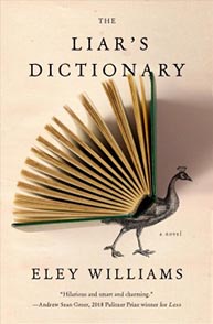 Cover of "The Liar's Dictionary" by Eley Williams, featuring an open book with a peacock illustration.