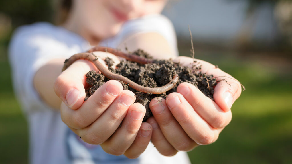 A child holds a handful of soil with earthworms visible, outdoors in natural light.