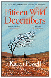 Book cover of "Fifteen Wild Decembers" by Karen Powell, with a lone figure near a windswept tree in a barren field.