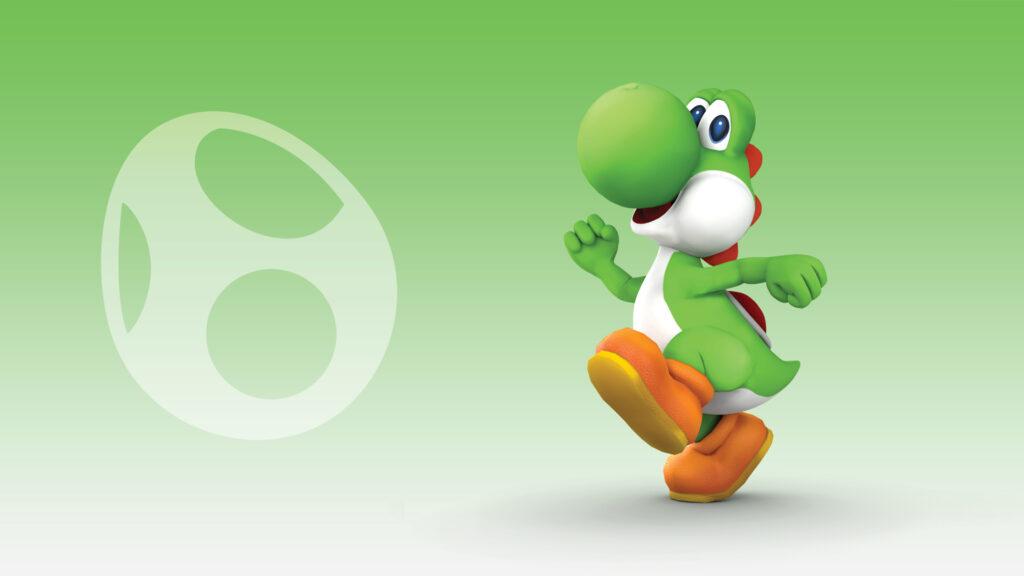 Green cartoon dinosaur Yoshi cheerfully walks with an egg symbol on a green gradient background.