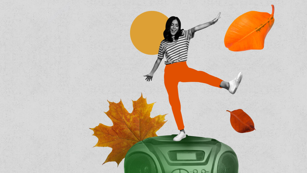A woman in striped shirt balances on a green radio with autumn leaves and an orange circle around her.