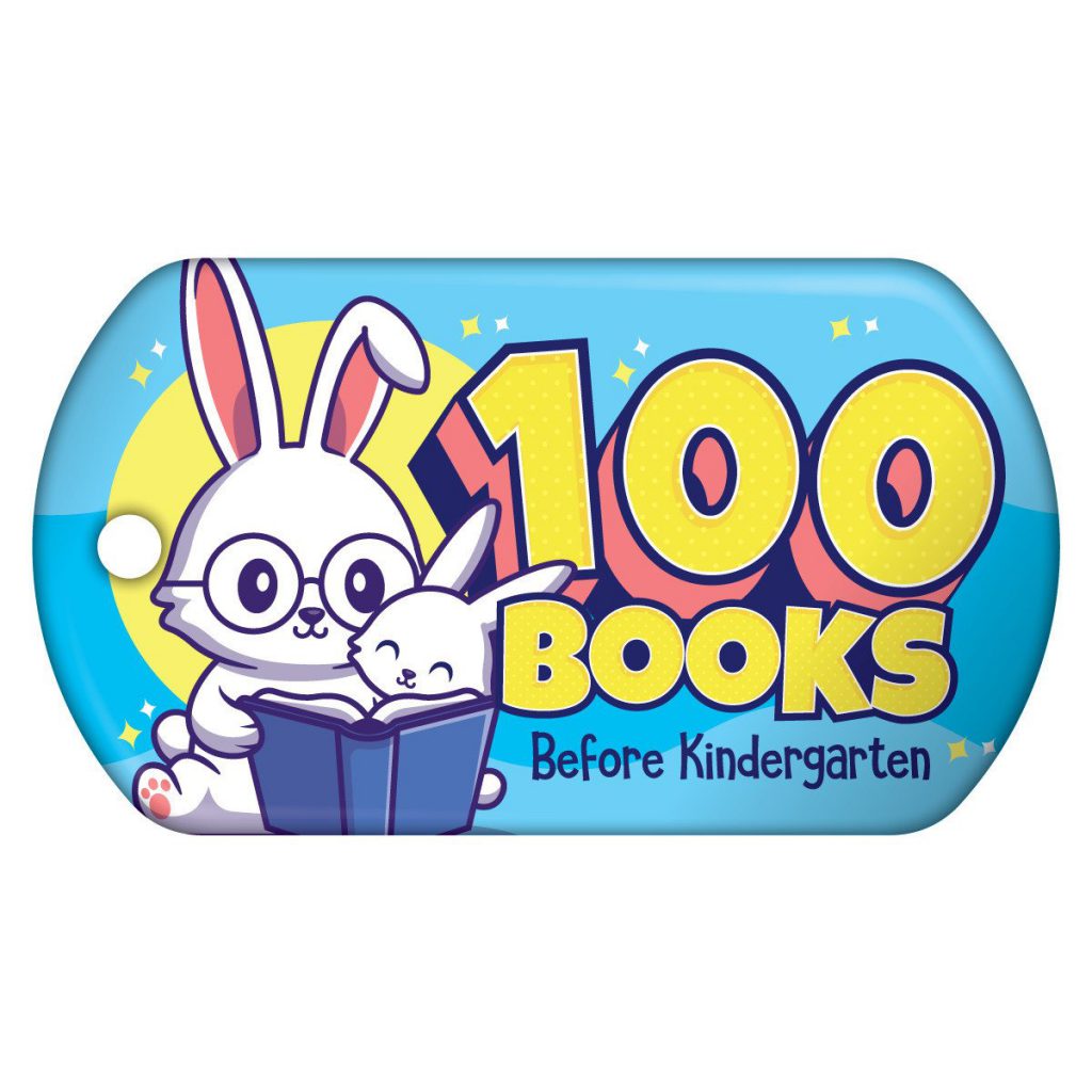 Illustration of two rabbits reading a book with the text "100 Books Before Kindergarten" on a blue background.