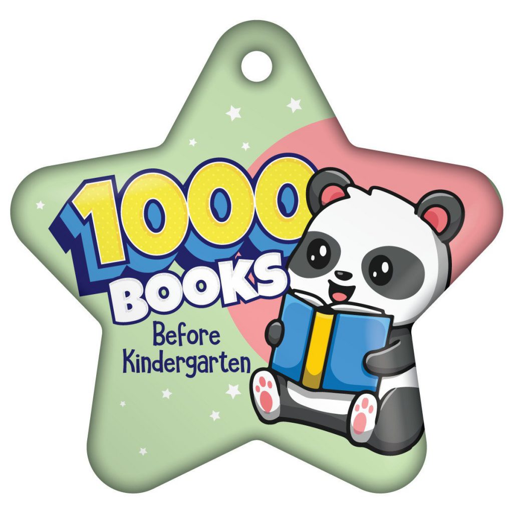 A star-shaped tag with a panda holding a book, and the text "1000 Books Before Kindergarten" on it.