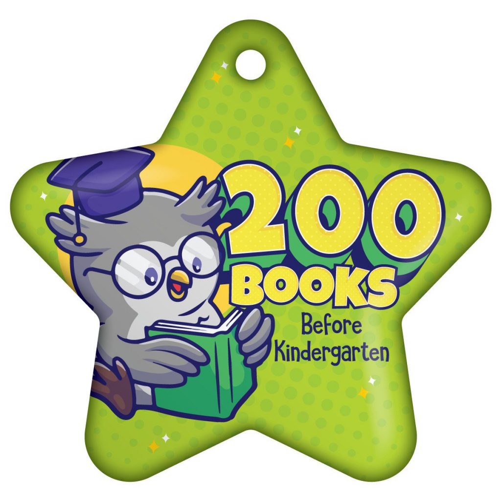 Green star-shaped badge with an owl reading a book, captioned "200 Books Before Kindergarten.