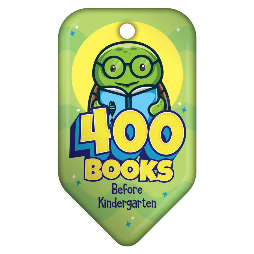 A green badge with a turtle reading a book that says "400 Books Before Kindergarten.