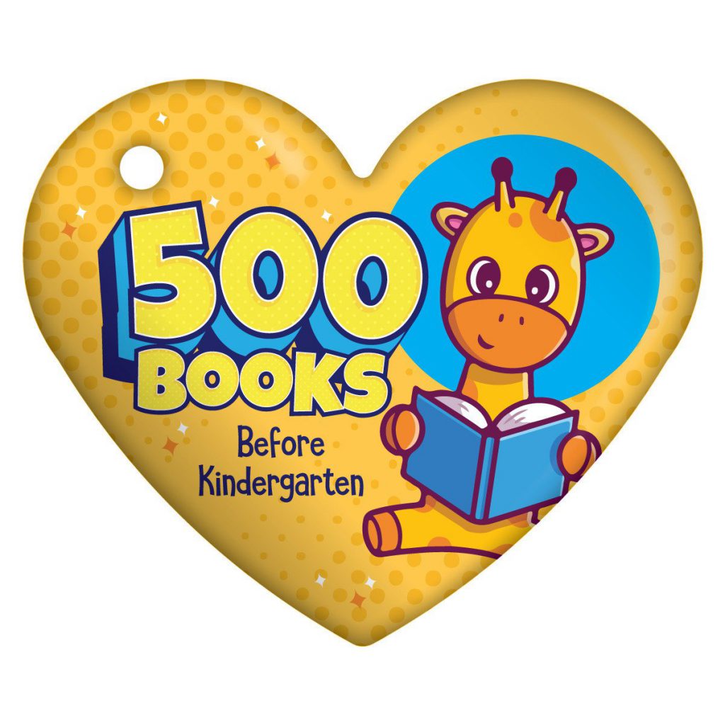 Heart-shaped badge with a giraffe reading a book and the text "500 Books Before Kindergarten.