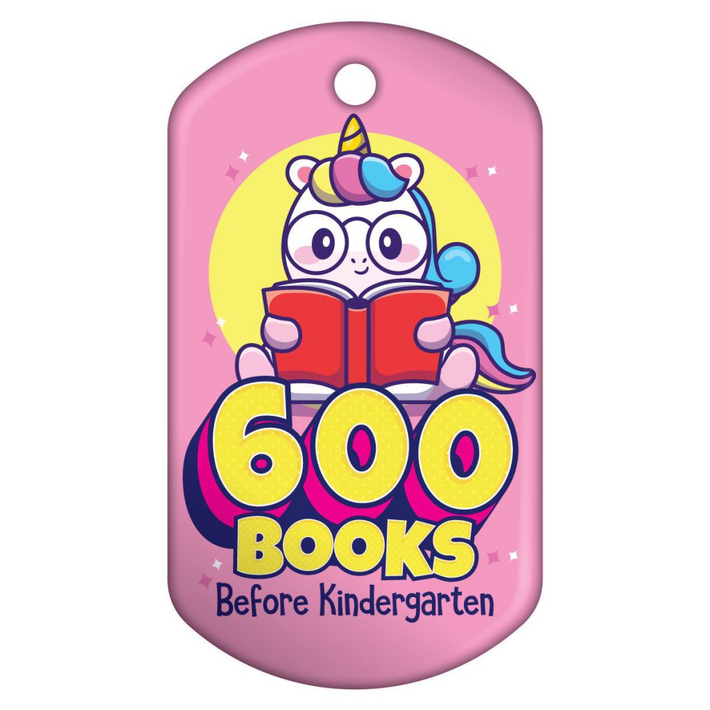 A cute unicorn reading a book with text "600 Books Before Kindergarten" on a pink background.