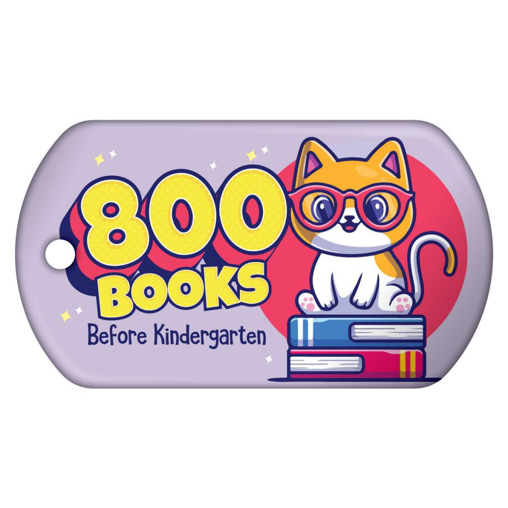 Cartoon cat with glasses sitting on books beside text reading "800 BOOKS Before Kindergarten" on a purple background.